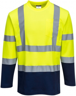 Tricou cu maneci lungi Hi-Vis, doua tonuri, galben/navy, regular, Cotton Comfort, Portwest