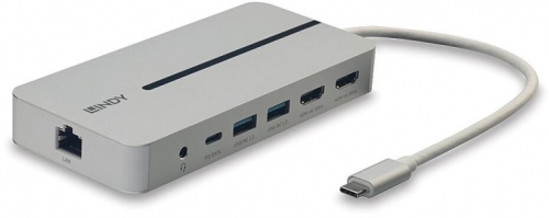 Lindy DST-Mx Duo Mini Docking Station USB Type-C, Dual display (4k), 100W Pass-through charging, rezolutie single display 4k@60, rezolutie dual display 4k@60 + 4k@30, 2x USB Type A, 1x USB-C (PD & Data), 2x HDMI, 1x RJ45, 2x Card reader (microSD & SD), 1x 3.5mm audio jack