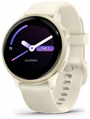 Ceas Garmin vívoactive 6 display AMOLED, dimensiune afisaj 30.4 mm, rezolutie afisaj  390 x 390 pixeli, memorie 8GB, autonomie până la 11 zile (5 zile cu afişajul permanent pornit), rezistanta la apa pana la 5 ATM, greutate: 23g, ramă Lunar Gold cu curea Bone, carcasă Light Sand şi curea din silicon