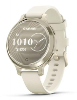 Ceas Garmin Lily 2 Active, display AMOLED, dimensiune afisaj 25,4 mm x 21,3 mm, rezolutie afisaj 240 x 201 pixeli, memorie 8GB, autonomie pana la 9 zile, rezistanta la apa pana la 5 ATM, greutate: 24,4g, ramă MLunar Glod şi curea Bone din silicon