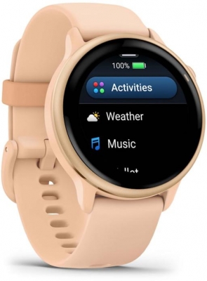 Ceas Garmin vívoactive 6 display AMOLED, dimensiune afisaj 30.4 mm, rezolutie afisaj  390 x 390 pixeli, memorie 8GB, autonomie până la 11 zile (5 zile cu afişajul permanent pornit) rezistanta la apa pana la 5 ATM, greutate: 23g, ramă Pink Dawn cu curea Bone, carcasă Pink Dawn Metallic şi curea din