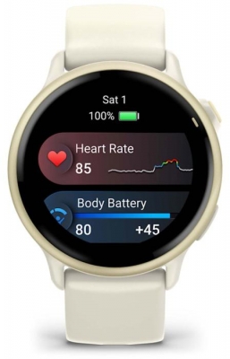 Ceas Garmin vívoactive 6 display AMOLED, dimensiune afisaj 30.4 mm, rezolutie afisaj  390 x 390 pixeli, memorie 8GB, autonomie până la 11 zile (5 zile cu afişajul permanent pornit), rezistanta la apa pana la 5 ATM, greutate: 23g, ramă Lunar Gold cu curea Bone, carcasă Light Sand şi curea din silicon