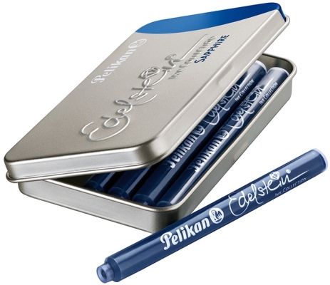 Patroane cerneala premium Edelstein in caseta metalica, albastru Sapphire, 6 bucati/set, Pelikan