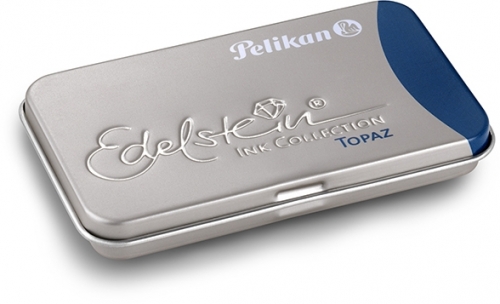 Patroane cerneala premium Edelstein in caseta metalica, albastru Topaz, 6 bucati/set, Pelikan
