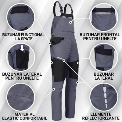 Pantaloni pieptar EOS Stretch Stenso, gri deschis/gri inchis