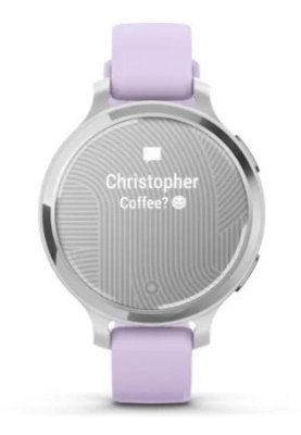Ceas Garmin Lily 2 Active, display AMOLED, dimensiune afisaj 25,4 mm x 21,3 mm, rezolutie afisaj 240 x 201 pixeli, memorie 8GB, autonomie pana la 9 zile, rezistanta la apa pana la 5 ATM, greutate: 24,4g, ramă Argintiu, şi curea Purple Jasmine din silicon