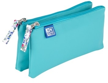 Penar Oxford 2 Zip Floral Pastel, tip etui dublu, inchidere cu fermoar, culoare turcoaz