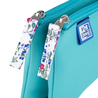 Penar Oxford 2 Zip Floral Pastel, tip etui dublu, inchidere cu fermoar, culoare turcoaz