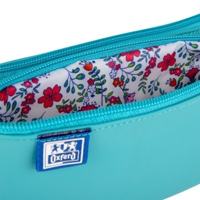 Penar Oxford 2 Zip Floral Pastel, tip etui dublu, inchidere cu fermoar, culoare turcoaz