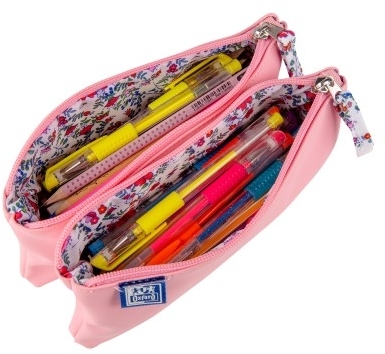 Penar Oxford 2 Zip Floral Pastel, tip etui dublu, 2 fermoare, culoare roz deschis
