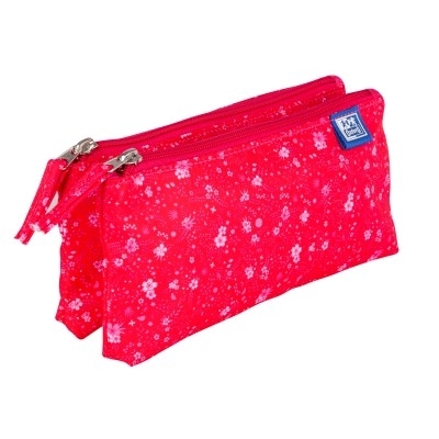 Penar Oxford 2 Zip Floral, tip etui dublu, 2 fermoare, culoare roz inchis