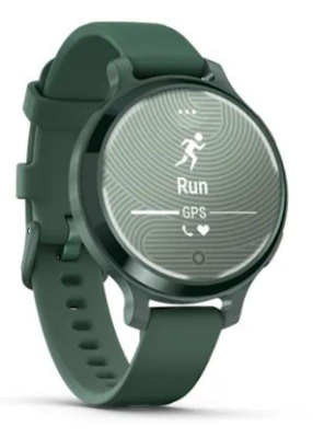 Ceas Garmin Lily 2 Active, display AMOLED, dimensiune afisaj 25,4 mm x 21,3 mm,rezolutie afisaj 240 x 201 pixeli, memorie 8GB, autonomie pana la 9 zile, rezistanta la apa pana la 5 ATM, greutate: 24,4g, ramă Jasper Green şi curea Jasper Green din silicon