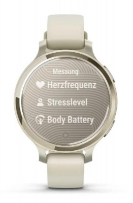 Ceas Garmin Lily 2 Active, display AMOLED, dimensiune afisaj 25,4 mm x 21,3 mm, rezolutie afisaj 240 x 201 pixeli, memorie 8GB, autonomie pana la 9 zile, rezistanta la apa pana la 5 ATM, greutate: 24,4g, ramă MLunar Glod şi curea Bone din silicon