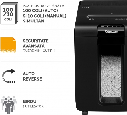 Distrugator documente automat, P4, 100 coli, mini cut, AutoMax 100M Fellowes