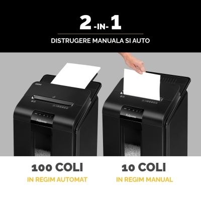Distrugator documente automat, P4, 100 coli, mini cut, AutoMax 100M Fellowes