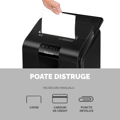 Distrugator documente automat, P4, 100 coli, mini cut, AutoMax 100M Fellowes