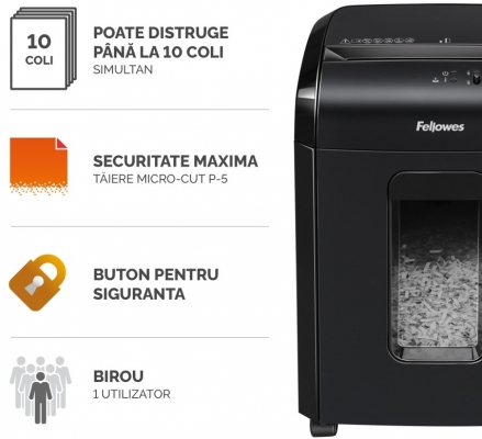 Distrugator documente manual, P5, 10 coli, micro cut, 10M, Powershred Fellowes 