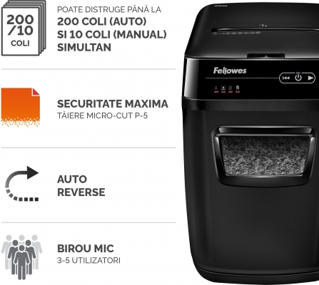 Distrugator documente automat, P5, 200 coli, micro cut, 32 litri, Automax 200M Fellowes