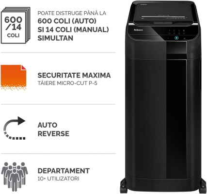 Distrugator documente automat, P5, 600 coli, micro cut, 83 litri, functionare continuu, AutoMax 600M Fellowes 