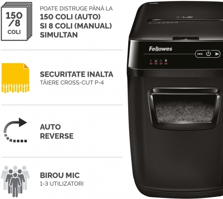 Distrugator documente automat, P4, 150 coli, cross cut, AutoMax 150C Fellowes 
