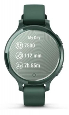 Ceas Garmin Lily 2 Active, display AMOLED, dimensiune afisaj 25,4 mm x 21,3 mm,rezolutie afisaj 240 x 201 pixeli, memorie 8GB, autonomie pana la 9 zile, rezistanta la apa pana la 5 ATM, greutate: 24,4g, ramă Jasper Green şi curea Jasper Green din silicon