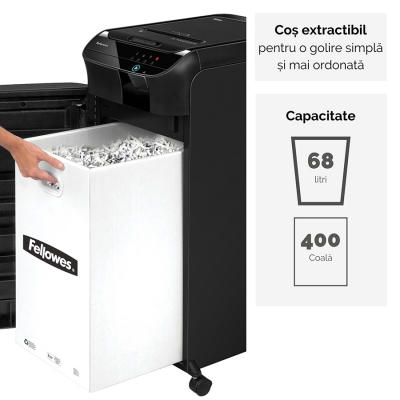 Distrugator documente automat, P4, 350 coli, cross cut, 68 litri, AutoMax 350C Fellowes