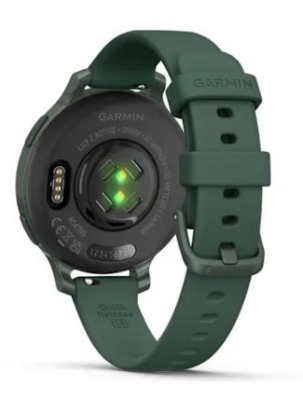 Ceas Garmin Lily 2 Active, display AMOLED, dimensiune afisaj 25,4 mm x 21,3 mm,rezolutie afisaj 240 x 201 pixeli, memorie 8GB, autonomie pana la 9 zile, rezistanta la apa pana la 5 ATM, greutate: 24,4g, ramă Jasper Green şi curea Jasper Green din silicon