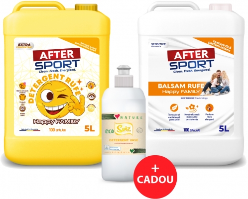 Pachet detergent 5L si balsam 5L Happyfamily + Cadou detergent vase ecologic EcoSviz 500mL