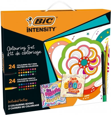 Set de colorat BIC Intensity, 24 creioane colorate, 24 markere de colorat, 2 carti de colorat
