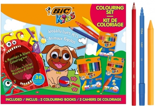 Set de colorat BIC Kids, 12 markere de colorat Visa, 12 creioane colorate Evolution, 12 creioane cerate Plastidecor, 2 carti de colorat