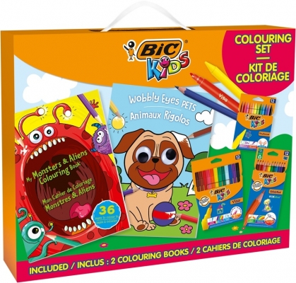 Set de colorat BIC Kids, 12 markere de colorat Visa, 12 creioane colorate Evolution, 12 creioane cerate Plastidecor, 2 carti de colorat
