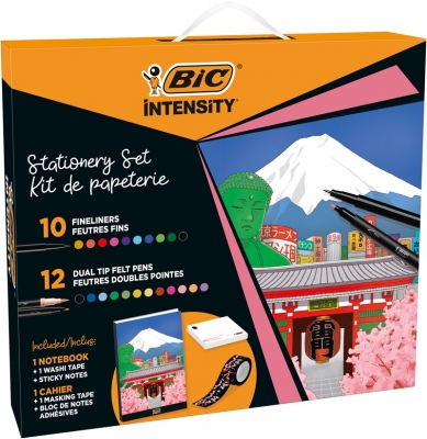 Set BIC Intensity Japan, 10 fineliners, 12 markere de colorat dual tip, 1 caiet, 1 washi tape, 1 notite autoadezive