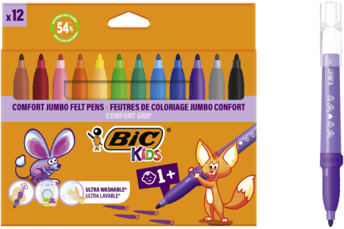 Markere de colorat BIC Kids Comfort Jumbo, cerneala ultra-lavabila pe baza de apa, culori asortate, 4.5mm, 12 buc/set