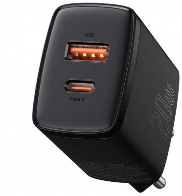 Incarcator retea Baseus Compact, Quick Charge 20W, 1 x USB Type-C 5V/3A max, 1 x USB 5V/3A, negru