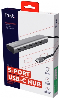 Hub Trust Halyx, 5 porturi USB-C 3.2 gen 1: 1 USB-C 100W PD port / 4 USB-C data ports, USB PD 3.0, gri
