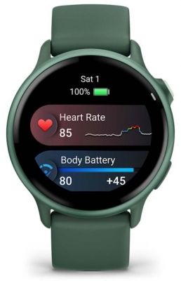 Ceas Garmin vívoactive 6 display AMOLED, dimensiune afisaj 30.4 mm, rezolutie afisaj  390 x 390 pixeli, memorie 8GB, autonomie până la 11 zile (5 zile cu afişajul permanent pornit) rezistanta la apa pana la 5 ATM, greutate: 23g, ramă Jasper Green cu curea Bone, carcasă Green Metallic şi curea din