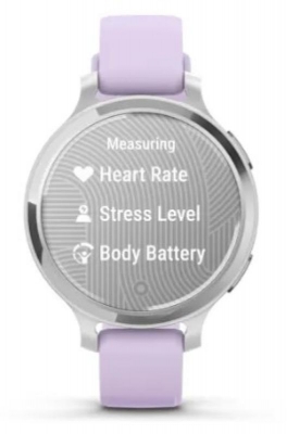 Ceas Garmin Lily 2 Active, display AMOLED, dimensiune afisaj 25,4 mm x 21,3 mm, rezolutie afisaj 240 x 201 pixeli, memorie 8GB, autonomie pana la 9 zile, rezistanta la apa pana la 5 ATM, greutate: 24,4g, ramă Argintiu, şi curea Purple Jasmine din silicon