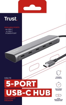 Hub Trust Halyx, 5 porturi USB-C 3.2 gen 1: 1 USB-C 100W PD port / 4 USB-C data ports, USB PD 3.0, gri