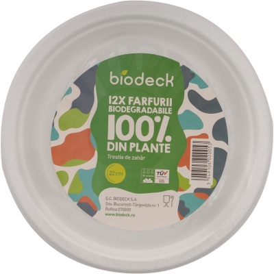Farfurii biodegradabile rotunde albe 22cm 12 buc/set Biodeck