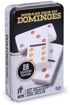 Joc de societate Domino, 6 culori, in cutie de metal Spin Master