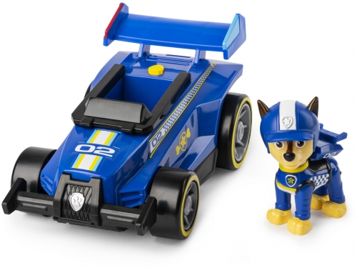 Figurina Chase cu masina de curse cu sunete si motor Pull-back Patrula Catelusilor Spin Master