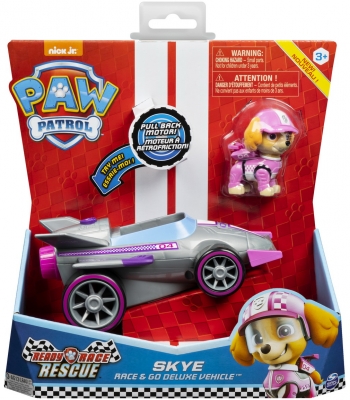 PATRULA CATELUSILOR SKYE MASINA DE CURSE CU SUNETE SI MOTOR PULL-BACK SPIN MASTER