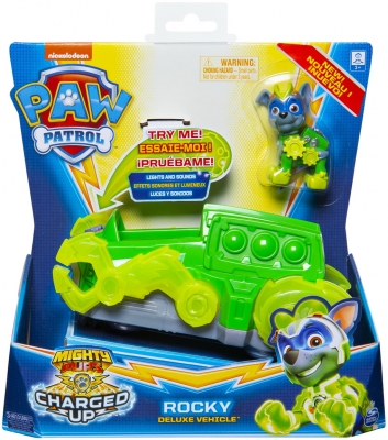 PATRULA CATELUSILOR VEHICUL CU FIGURINA ROCKY SUNETE SI LUMINI SPIN MASTER