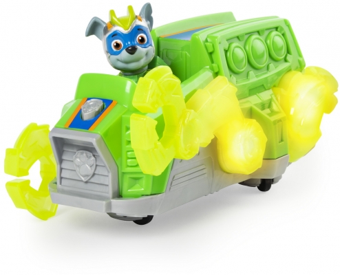 PATRULA CATELUSILOR VEHICUL CU FIGURINA ROCKY SUNETE SI LUMINI SPIN MASTER