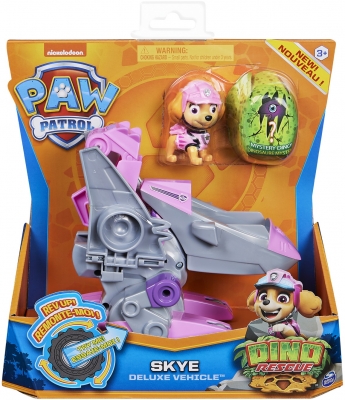 PATRULA CATELUSILOR SET VEHICUL CU CATELUSA SKYE SI FIGURINA DINO SURPRIZA SPIN MASTER