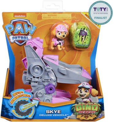 PATRULA CATELUSILOR SET VEHICUL CU CATELUSA SKYE SI FIGURINA DINO SURPRIZA SPIN MASTER