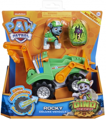 PATRULA CATELUSILOR SET VEHICUL CU CATELUS ROCKY SI FIGURINA DINO SURPRIZA SPIN MASTER