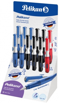 Stilou penita M, grip ergonomic, pentru dreptaci, 1 patron mare albastru inclus, diverse culori, display 12 buc, Pelikan