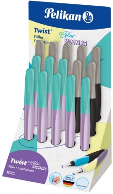 Stilou Twist Color Blocking, penita M, ambidextru, 1 rezerva mare, 15 buc/display, diverse culori, Pelikan