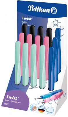 Stilou Twist penita M, ambidextru, 1 rezerva mare, 15 buc/display, diverse culori, Pelikan